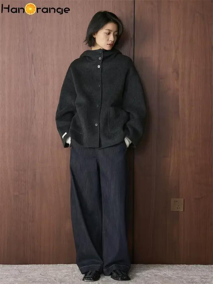 Manteau en Laine Double Face HanOrange 2026 Hiver Tendance à Capuche avec Poches Symétriques pour Femme