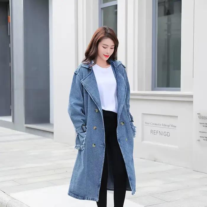 Trench Denim manteau femmes longs manteaux à lacets ceinture taille haute col rabattu Maxi vestes Y2k simple boutonnage élégant automne