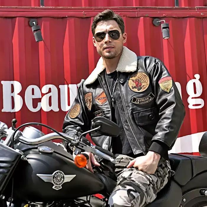 Veste en cuir noire G1 Pilot pour homme, style militaire, col en laine de mouton amovible, cuir véritable, pour faire du shopping et occasions spéciales