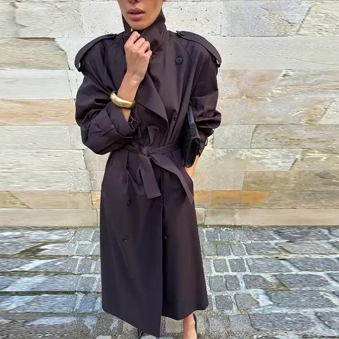 Trench-Coat Long à revers marron Vintage