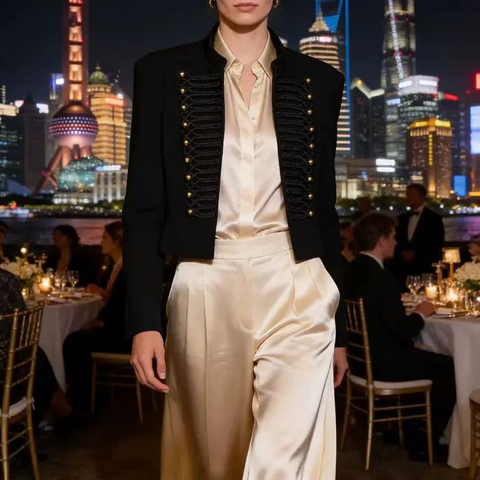 Veste Courte Femme Blazer avec Décoration Tressée et Boutons Dorés Épaulettes – Collection Printemps 2026