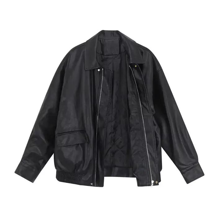 Blouson court en cuir noir pour femme