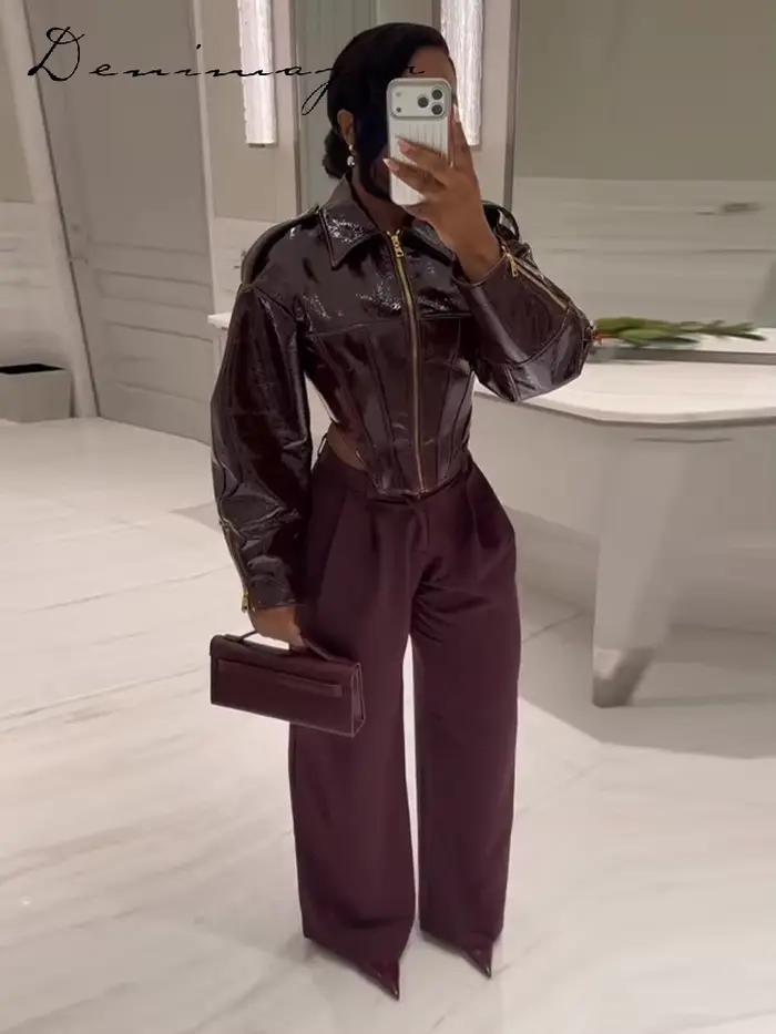 Veste en cuir à revers tendance pour femme