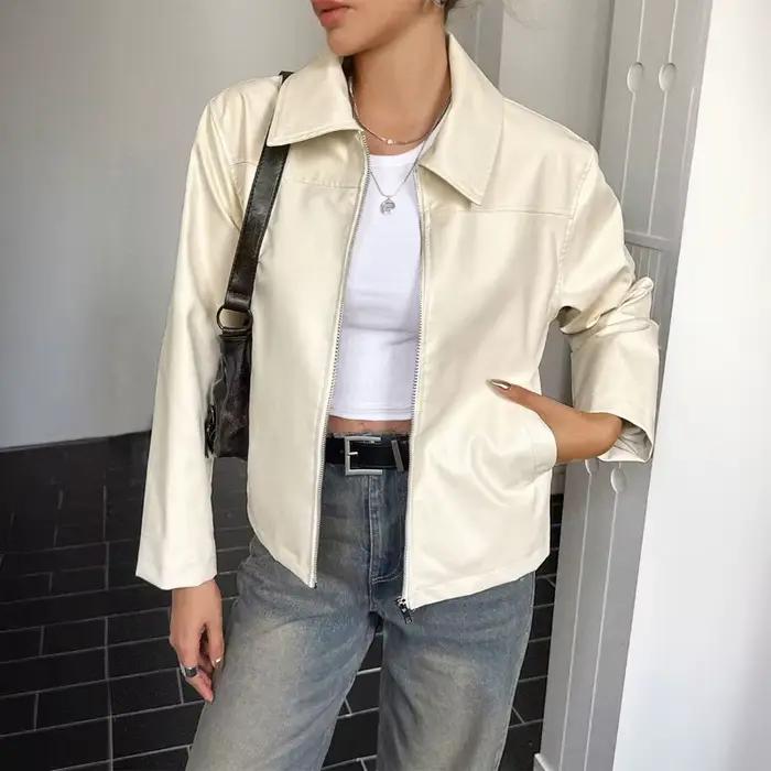 Veste en cuir à manches longues pour femme
