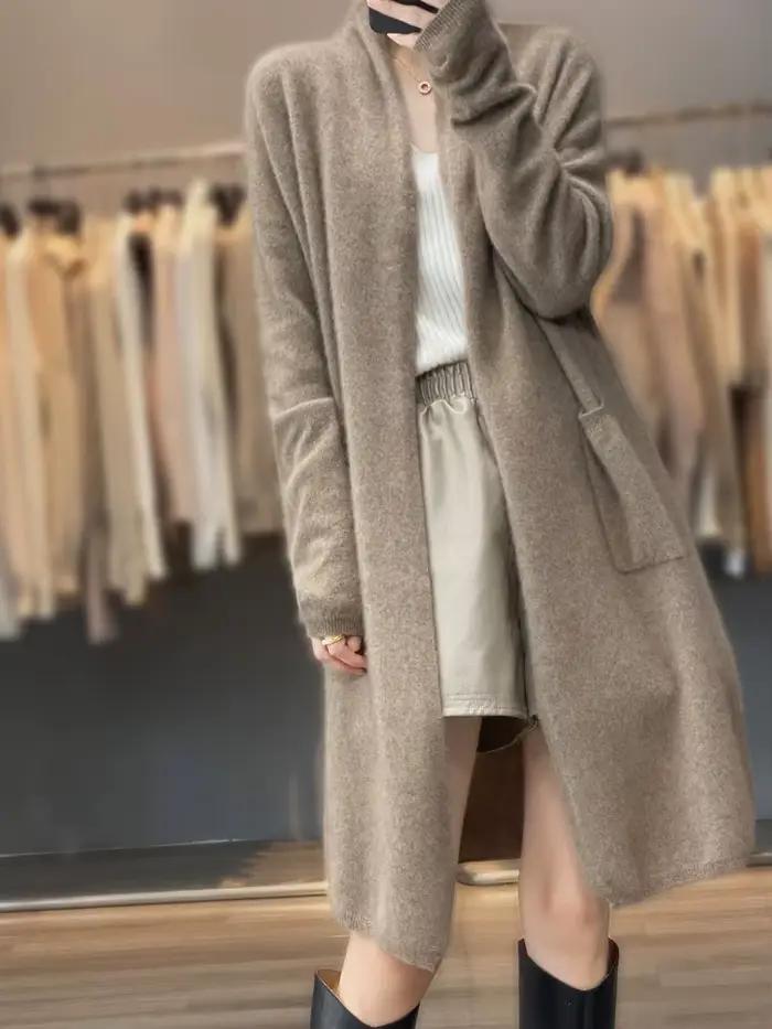 Femmes 100% laine mérinos manteau Cardigan à manches longues pull automne hiver couleur unie ample chaud tricots mode femme longue Coa