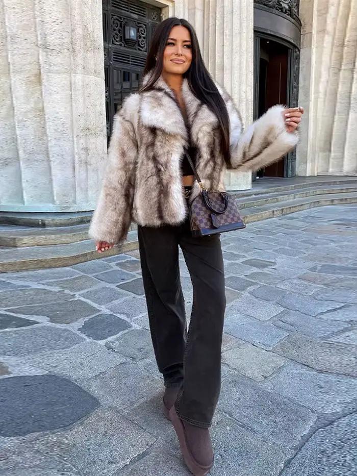 Chaud revers col recadrée manteaux courts femmes mode fausse fourrure à manches longues manteaux ouverts dame automne hiver Flush Chic vestes décontractée