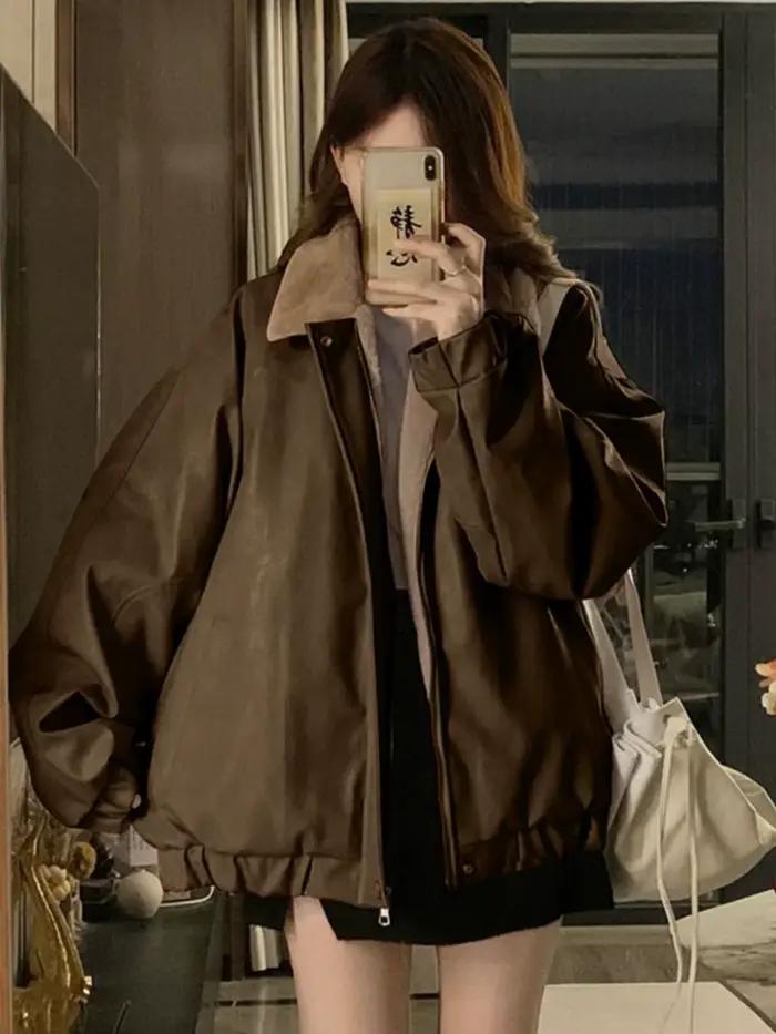 Veste en cuir PU rose épais et doublé polaire pour femme