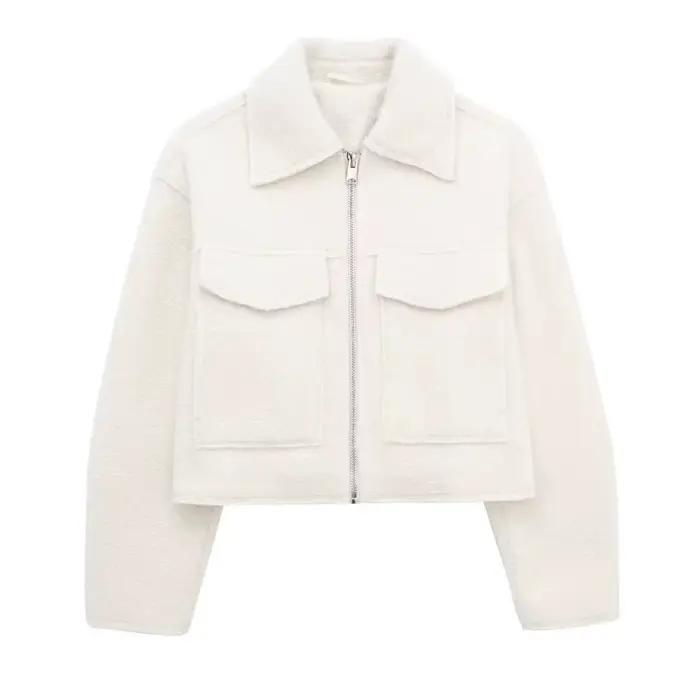Mujer Blanc Tweed Veste Femmes Recadrée Bomber Veste Femmes à Manches Longues Veste à Glissière Femme Automne Streetwear Vêtements D'extérieure