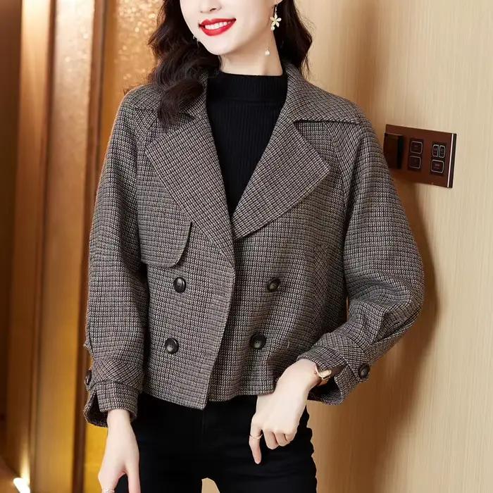 Veste à carreaux RankSweet pour femmes, style coréen, matériau coton-polyester-acétate, tendance vintage, automne-hiver, col en V, fermeture boutonnée, vestes courtes pour femmes
