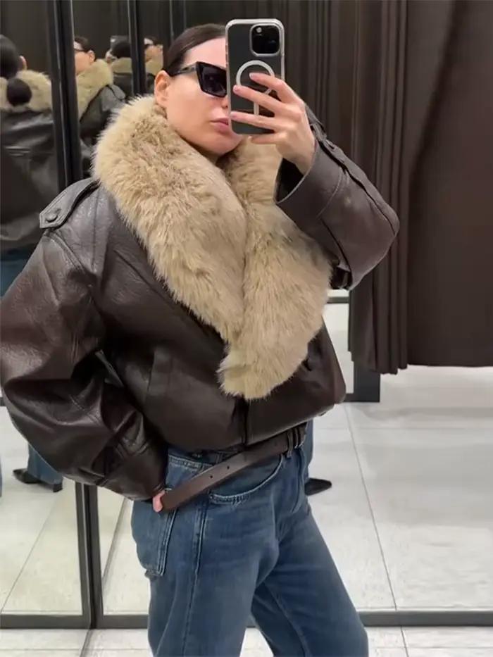 Faxu col de fourrure femmes veste en cuir PU manteau Style Vintage ouvert devant 2025 nouveau haute rue vêtements d'extérieur mode femme tenue