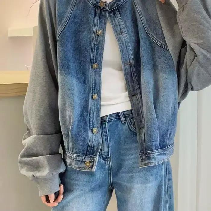 Faux deux-pièces assemblés ​ ​ Veste en jean pour femme, style européen, nouvelle collection printemps 2025, hauts amples et tendance pour femme