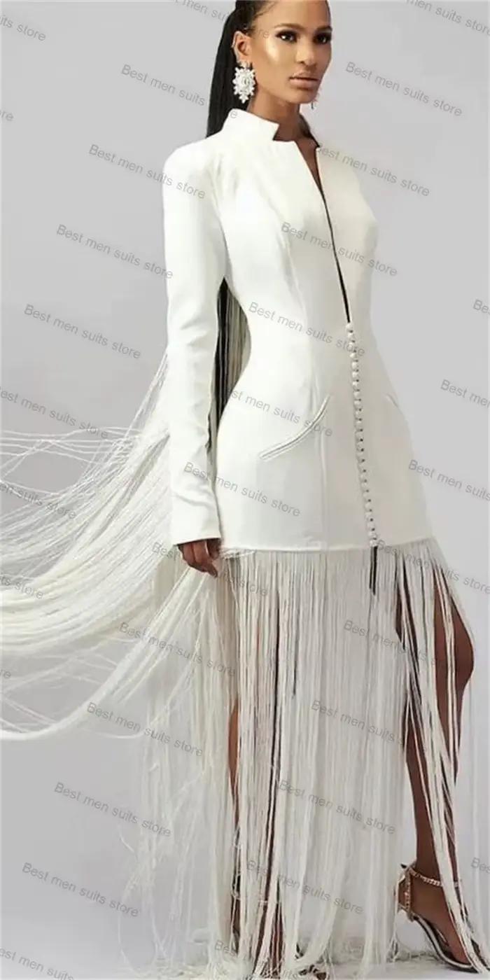 Blazer long imbibé de glands blancs pour femmes, smoking de mariage, veste à glands de luxe, manteau sur mesure, manches longues, dame de bureau, 1 pièce