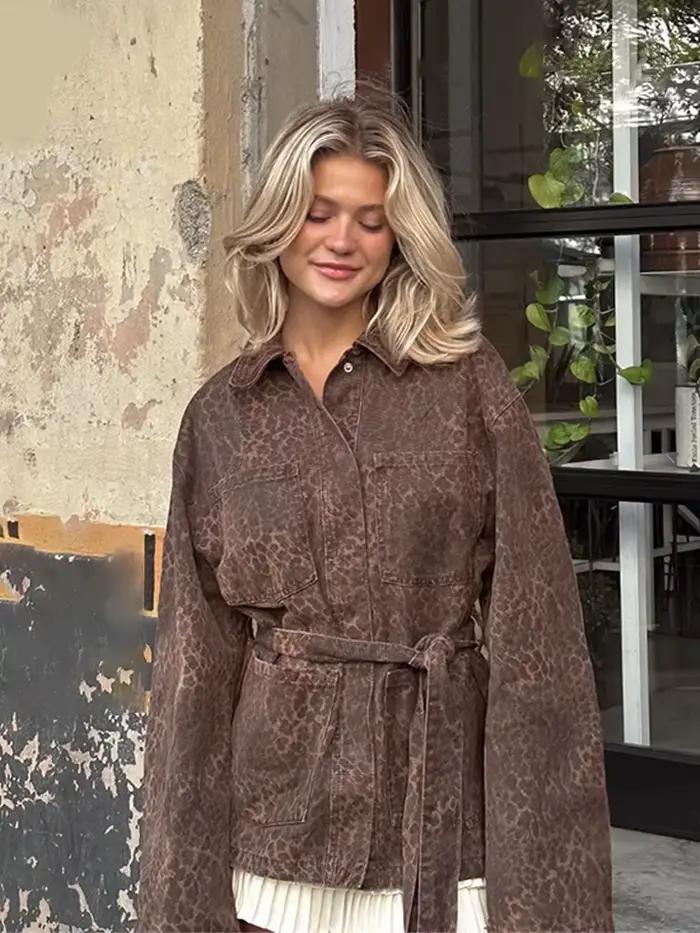 HH femmes mode manteaux léopard col rabattu manches longues nœud à lacets décoration simple boutonnage femme automne vestes