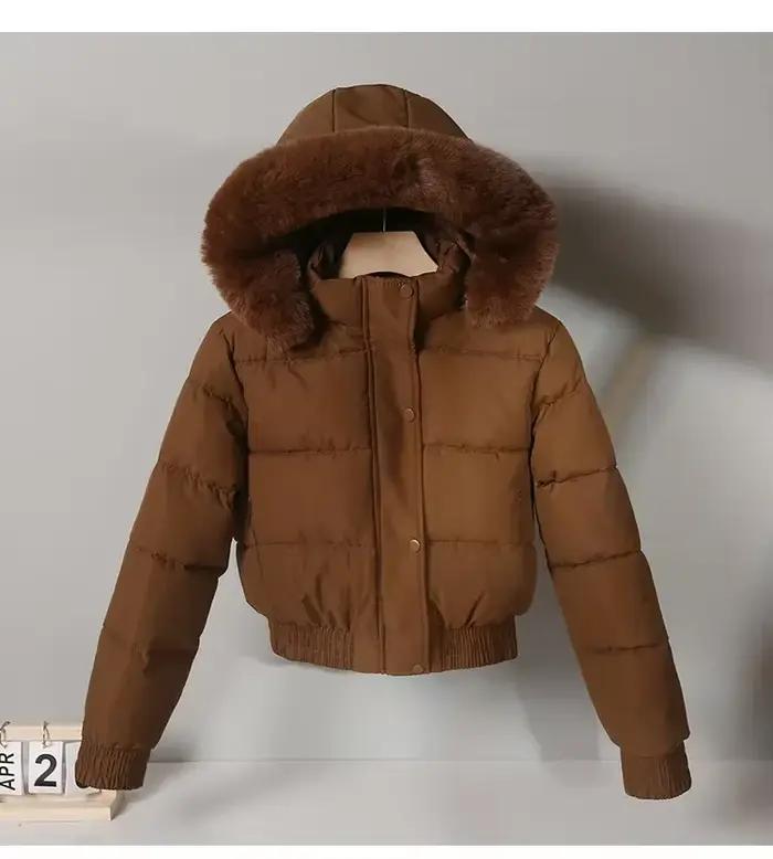 Veste d'hiver matelassée à capuche pour femme 2025, manteau épais en coton, chaud, style boulangerie, grand col en fourrure, veste en coton ample