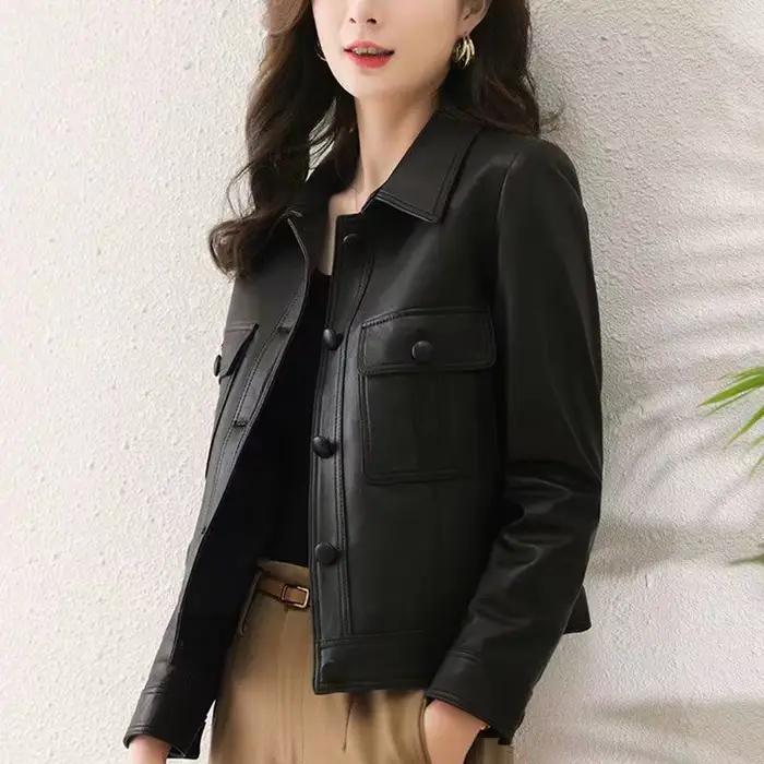 Veste en cuir PU à revers pour femme