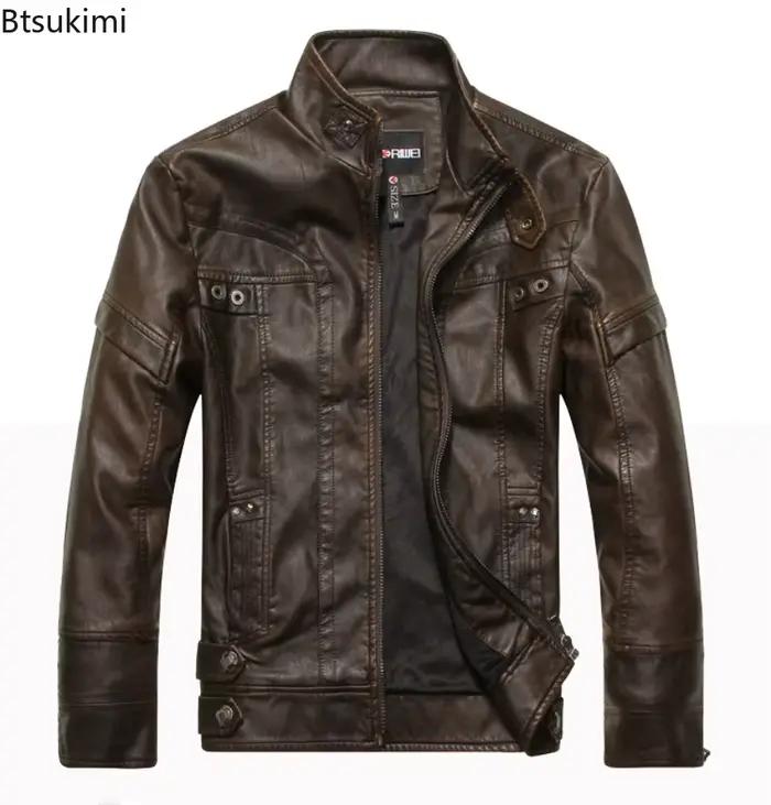 Veste de motard courte pour hommes - Btsukimi - cuir synthétique et fourrure synthétique - coupe cintrée - brun, jaune, noir - occassions quotidiennes et événements - manteau décontracté et élégant