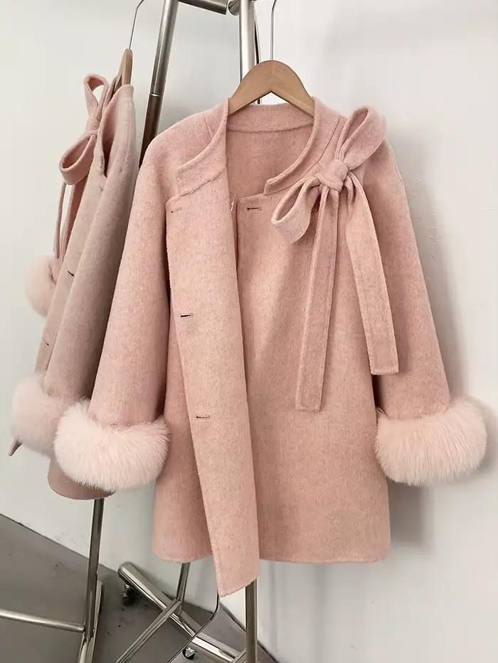 OFTBUY veste en laine avec nœud mi-longue col rond 100% manteau en laine femme nouveau automne hiver Double boutonnage vraie fourrure de renard vêtements en laine