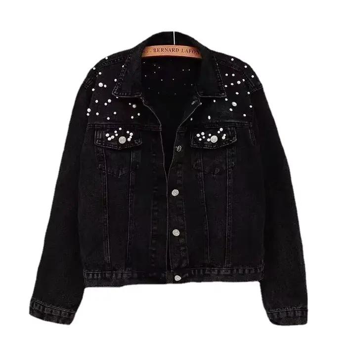Veste en jean bleu et noir pour femme, manteau en denim, col rabattu, simple boutonnage, perles perlées, ample, décontractée, courte régulière