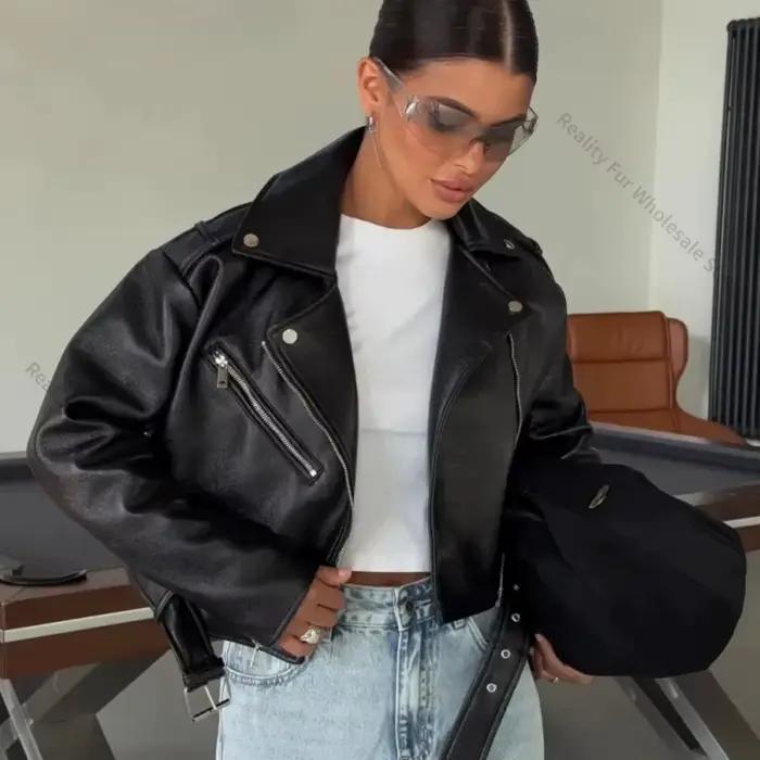 Nouvelle veste de motard pour femme en similicuir PU