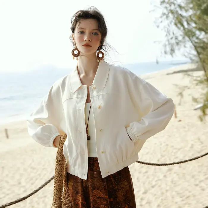 OLrain élégant femmes vestes solide à manches longues froncé ourlet manteaux printemps 2026 Vintage col rabattu dames veste GO58CW002680