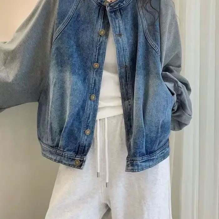 Faux deux-pièces assemblés ​ ​ Veste en jean pour femme, style européen, nouvelle collection printemps 2025, hauts amples et tendance pour femme