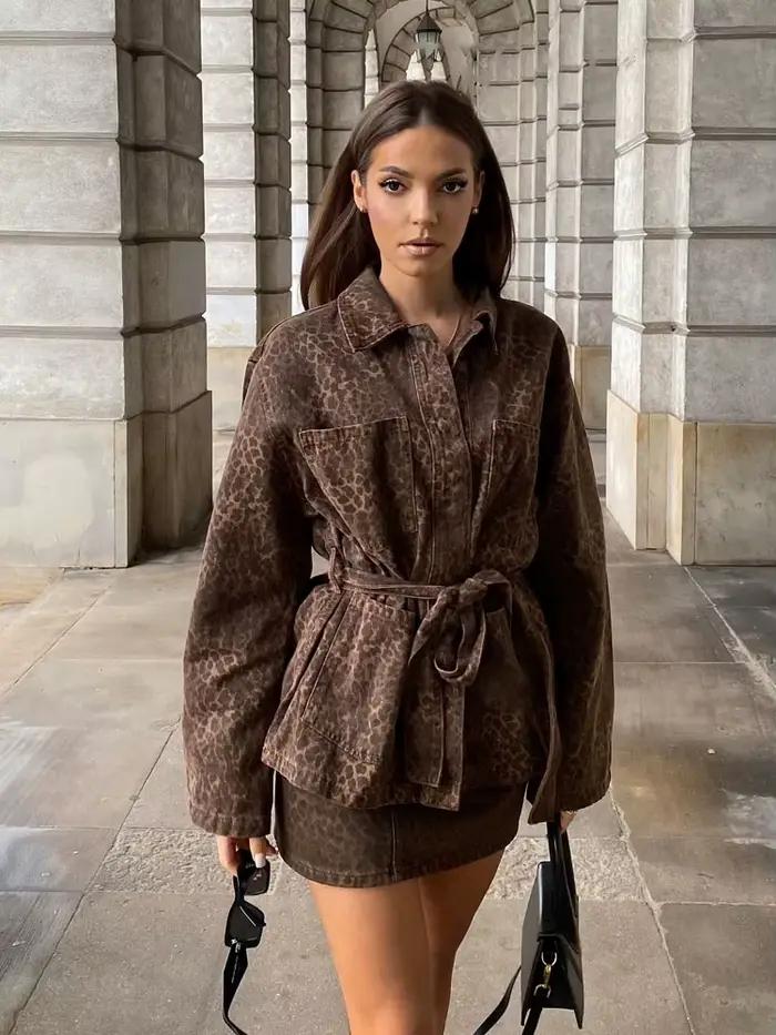 HH femmes mode manteaux léopard col rabattu manches longues nœud à lacets décoration simple boutonnage femme automne vestes