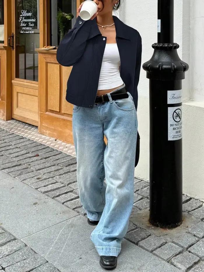 Veste de travail courte cintrée à revers pour femme, bleu marine, manteau décontracté polyvalent pour le quotidien