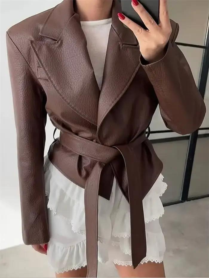 Automne à lacets vestes en polyuréthane vêtements d'extérieur femme revers solide décontracté trajet pansement 2025 nouveaux manteaux en Patchwork femmes vestes en polyuréthane