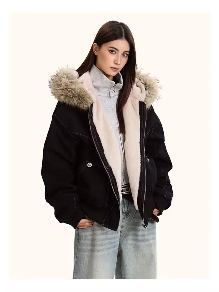 ZAROY col de fourrure Parkas à capuche Y2k Harajuku épaissir vestes rembourrées décontracté fermeture éclair gothique