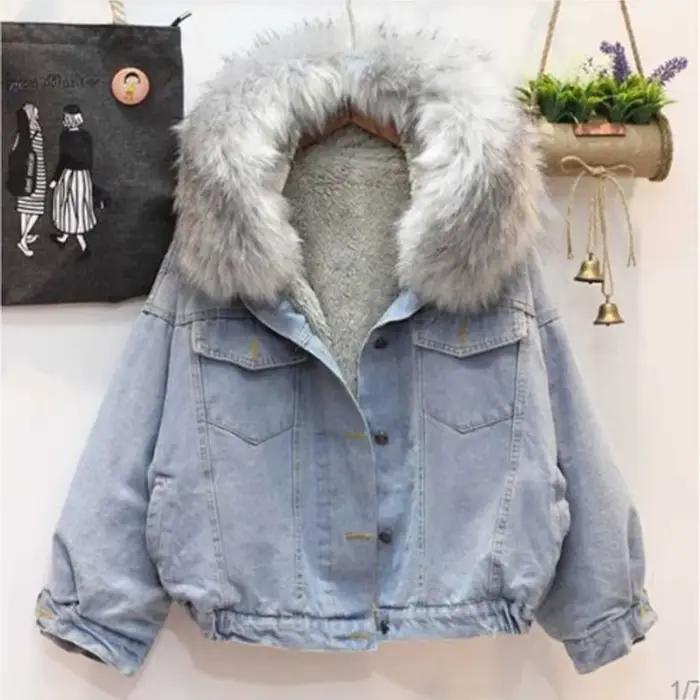 Veste en Jean à capuche pour femme, manteau épais, vêtements d'extérieur avec col en fourrure amovible, veste chaude doublée en polaire, mode hiver