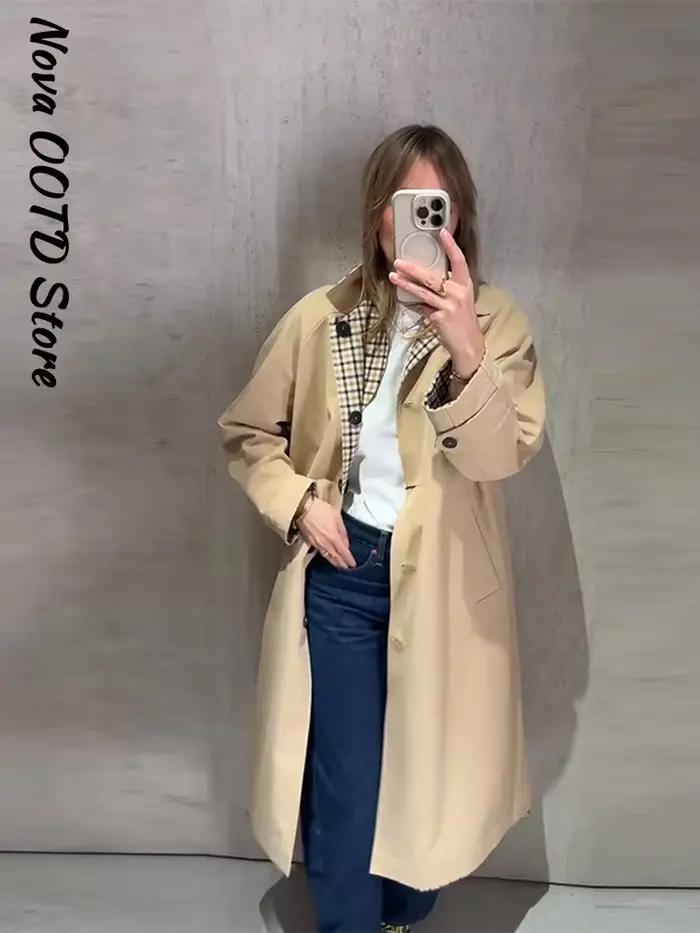 Nouveau Trench-coat long réversible à carreaux pour femme