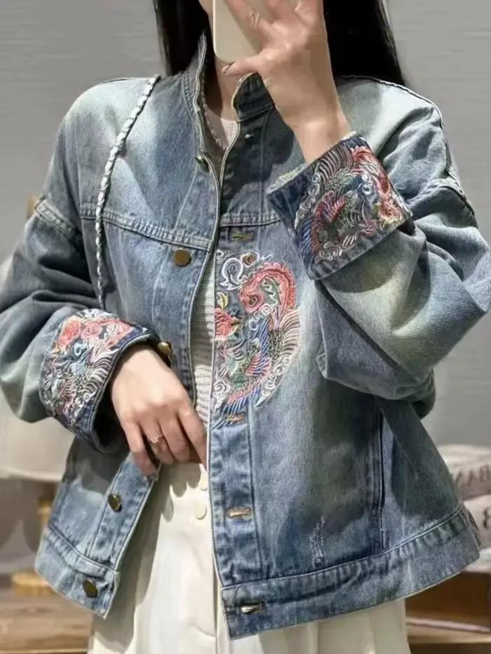Veste en jean brodée pour femme, manteau vintage chinois, vêtements d'extérieur courts pour femme, col montant, rue haute, décontracté, nouveau