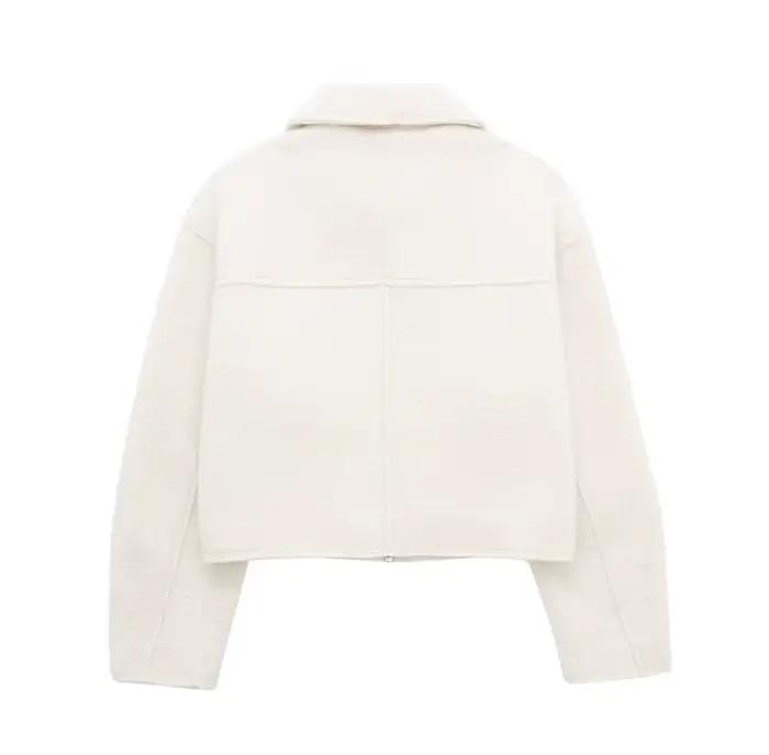 Mujer Blanc Tweed Veste Femmes Recadrée Bomber Veste Femmes à Manches Longues Veste à Glissière Femme Automne Streetwear Vêtements D'extérieure