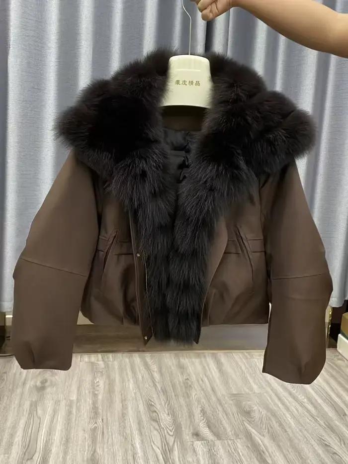 Veste d'hiver en duvet d'oie blanche pour femme, manteau épais et chaud en fourrure naturelle, col en vraie fourrure de renard, ample et bouffante, pour les saisons d'automne et d'hiver