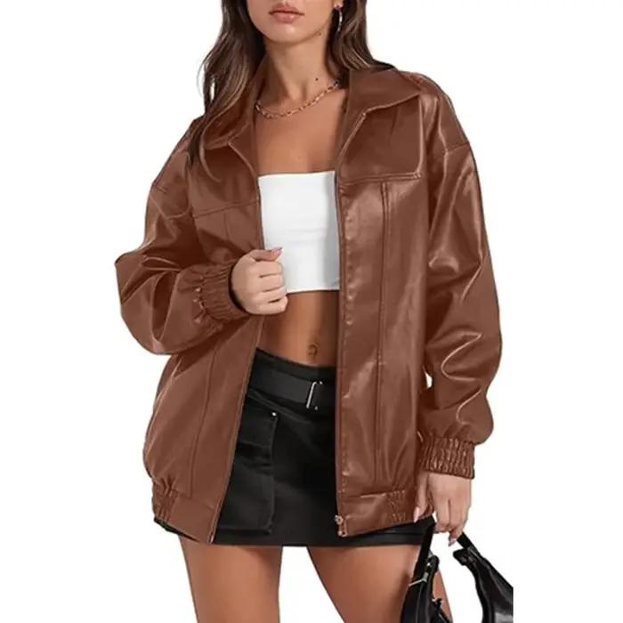 Manteau trench décontracté en cuir à manches longues avec revers et fermeture éclair latérale pour femme 2026
