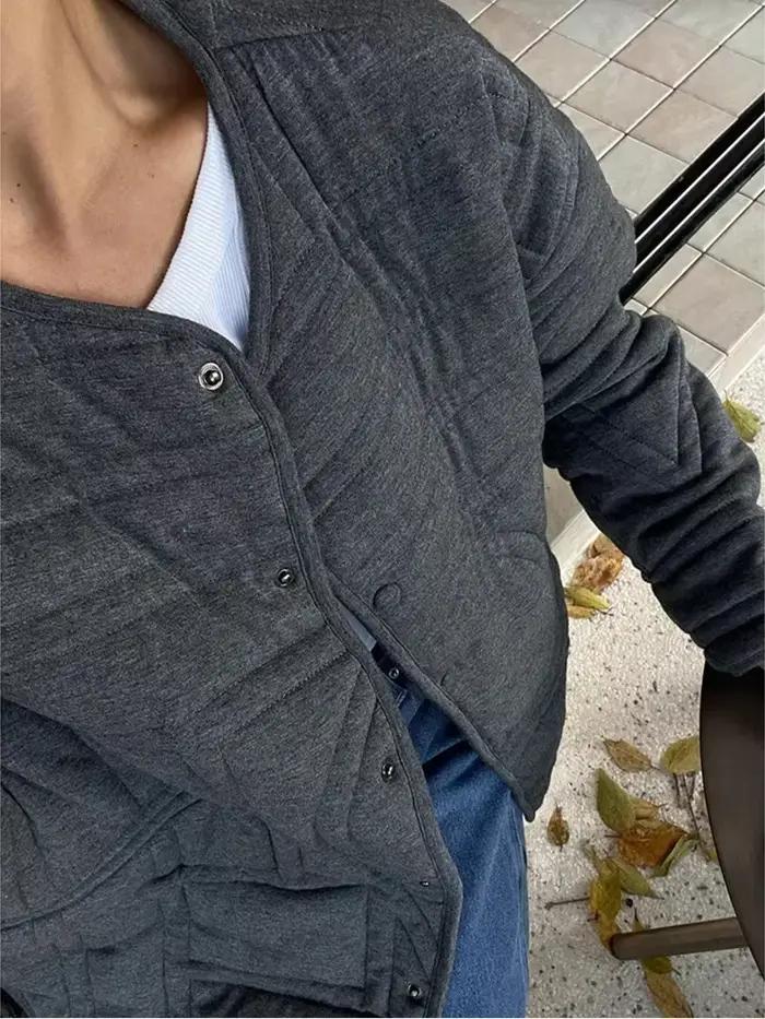 Parka matelassée pour femmes, manteau à la mode, col rond, coupe ample, simple boutonnage, veste grise, hauts pour dames, automne hiver