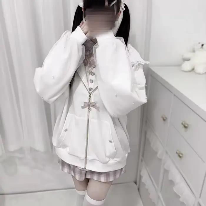 Kawaii femmes manteaux Jirai Kei Lolita Y2K mignon Style japonais veste douce perle oreilles de lapin arc sweats à capuche élégant haut décontracté 2025
