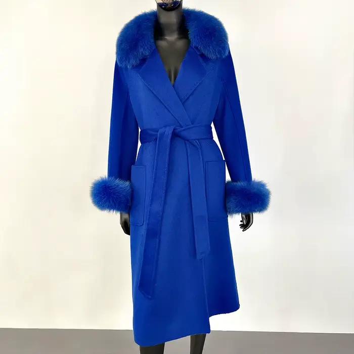 GENHUA manteau de fourrure de renard femmes laine 2025 automne hiver manteau naturel réel col de fourrure de renard laine dames ceinture vêtements d'extérieur chauds Streetwear