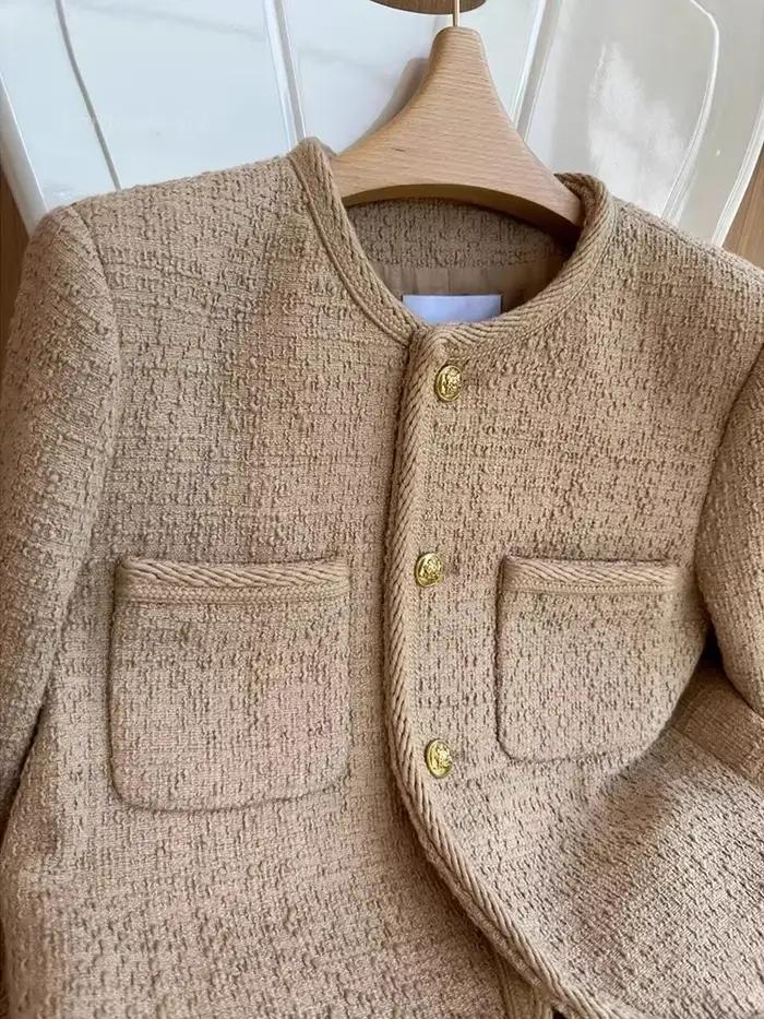 2025 nouveau en manteaux élégant tricoté couleur chameau petit parfum femmes français haute qualité Tweed veste courte Cardigan pardessus manteau