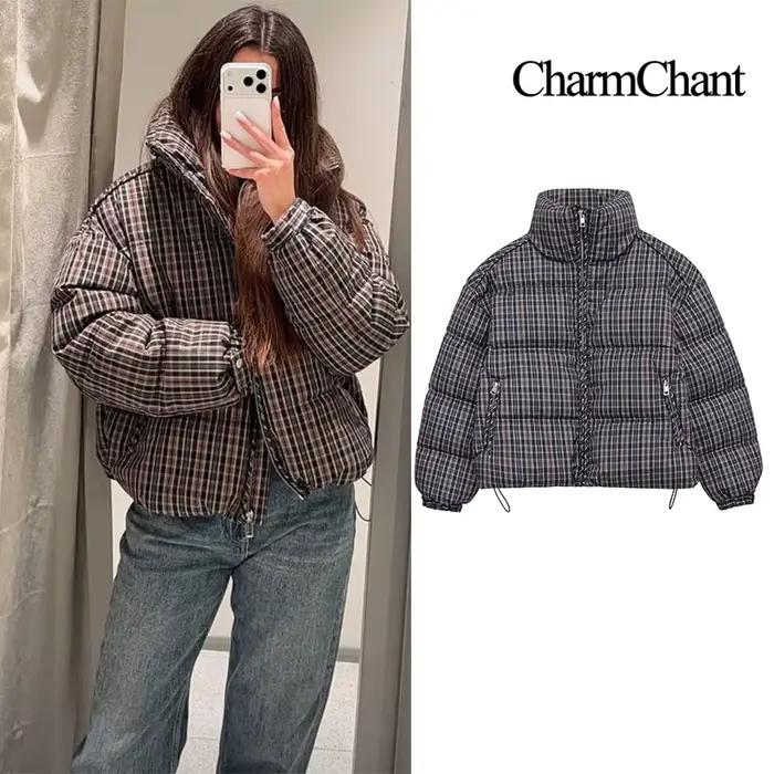 Col montant Plaid doudoune pour femmes hiver 2025 rembourrage manteau femme nouveau en manteaux chaud vérifier