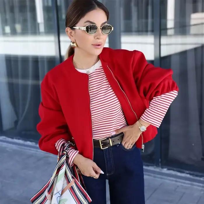 Mujer Bomber Vest Femme Polyester Solide Sportif Vestes Courtes à Manches Longues Pour Entrainements et Sorties Spéciales
