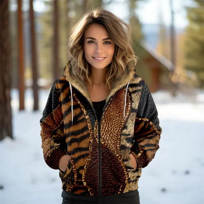 Veste à capuche chaude doublée de polaire pour femme manteau élégant imprimé léopard serpent