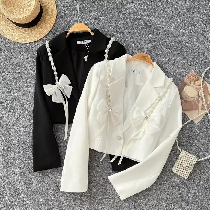 Veste courte crantée à manches longues pour femmes, blazer à fleurs, mode coréenne, High Street Comb3D