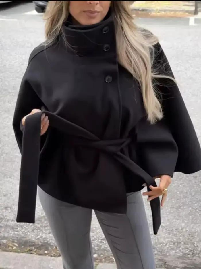 Manteaux Cape courts chauds pour femmes, manches évasées, ceinture, mélange de fausse laine, manteaux, automne hiver, veste élégante, vêtements, nouvelle collection 2025