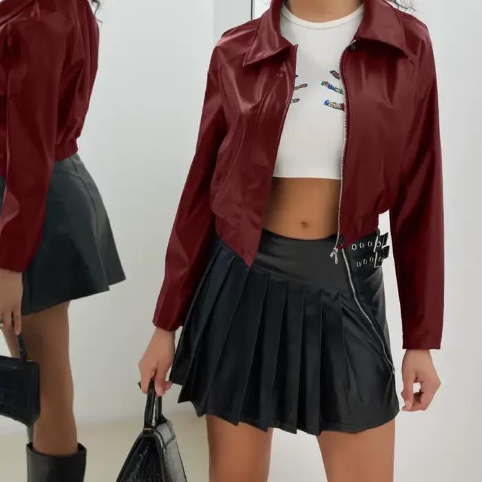 Vêtements pour femmes 2025 nouvelle veste courte en cuir rétro fermeture éclair PU