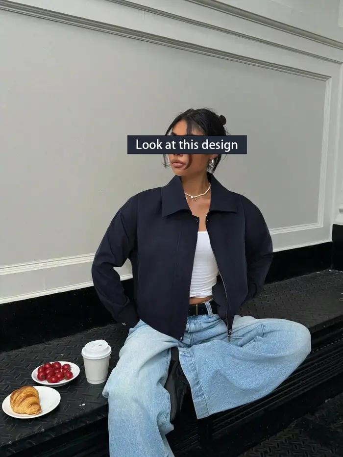 Veste de travail courte cintrée à revers pour femme, bleu marine, manteau décontracté polyvalent pour le quotidien