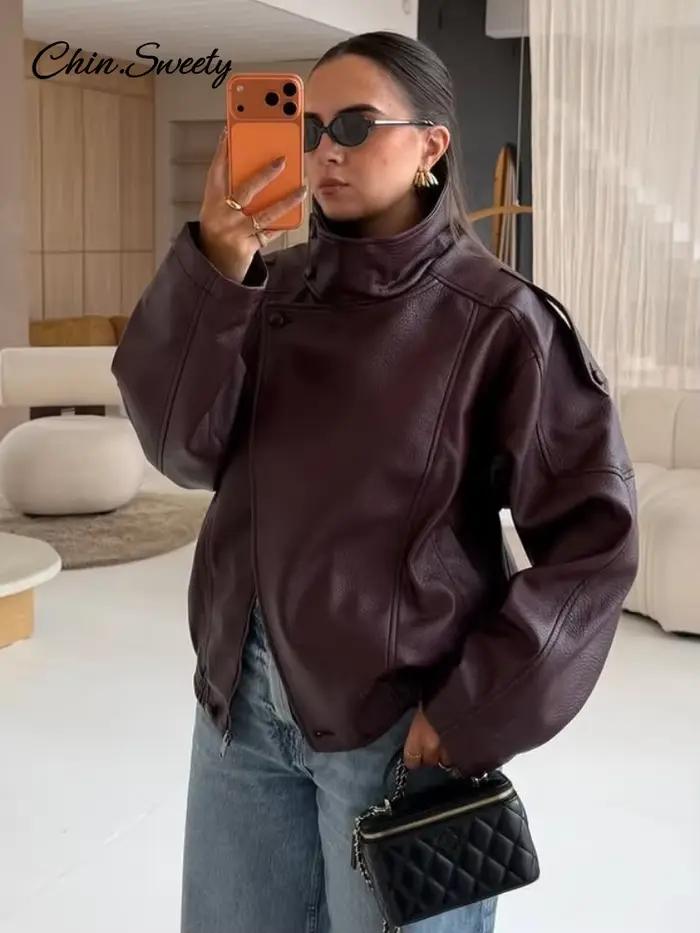 Veste en cuir vintage à col montant pour femme