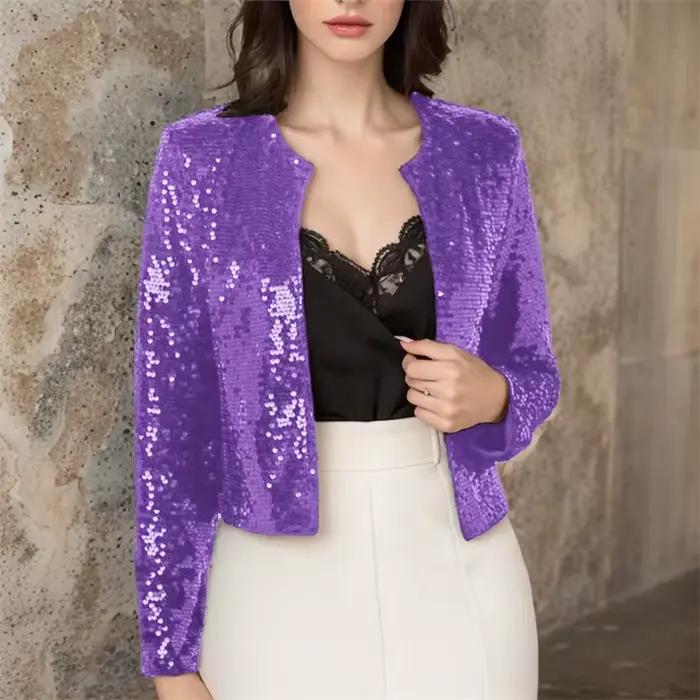 Manteau à Paillettes pour Femme, Veste Courte, Streetwear, Col Rond, Manches sulf, Décontracté, Slim, Printemps Été 2025