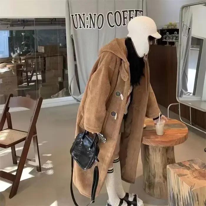 2025 nouveau manteau en laine femmes automne/hiver Double boutonnage solide à manches longues Style Preppy mi-long bureau dame manteau à capuche femme