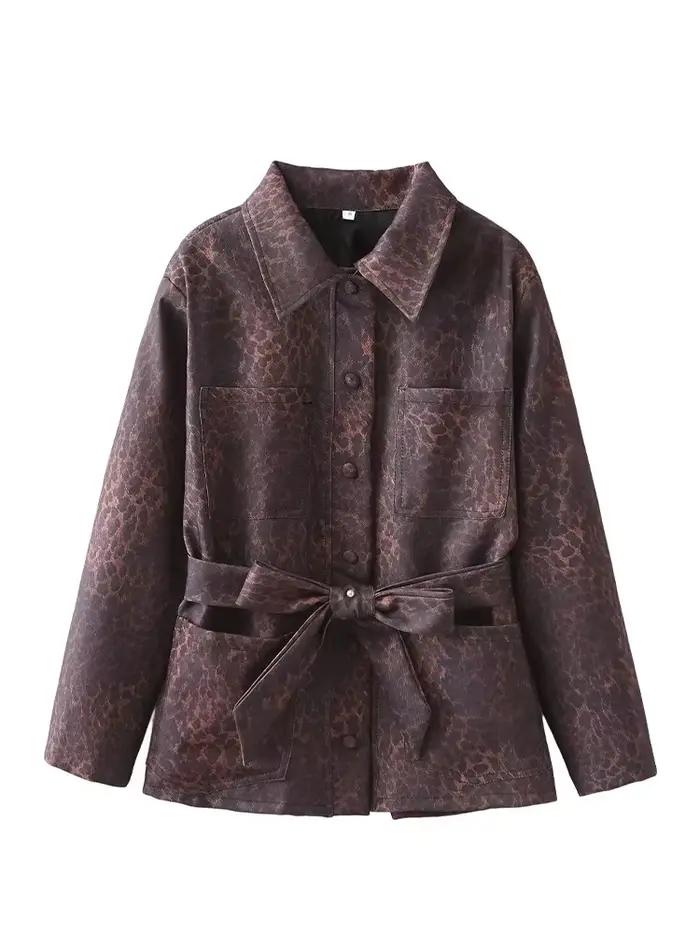 HH femmes mode manteaux léopard col rabattu manches longues nœud à lacets décoration simple boutonnage femme automne vestes